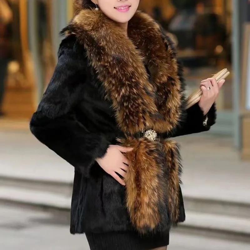 2023 New Women Imitation Fox Fur Collar Fur Coat Winter Thicken Imitation Raccoon Fur Casual Outwear Fashion Temperament Outcoat