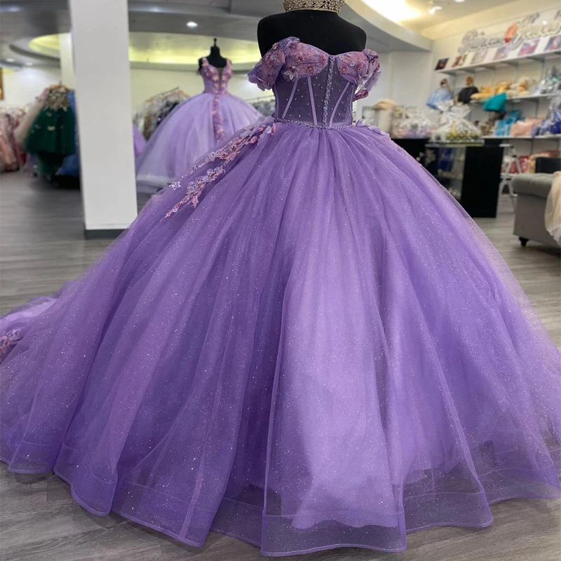 

Purple Shiny Princess Ball Gown Quinceanera Dresses 2023 Off Shoulder Appliques Crystal 3DFlower Vestido De 15 Años Corset Gowns