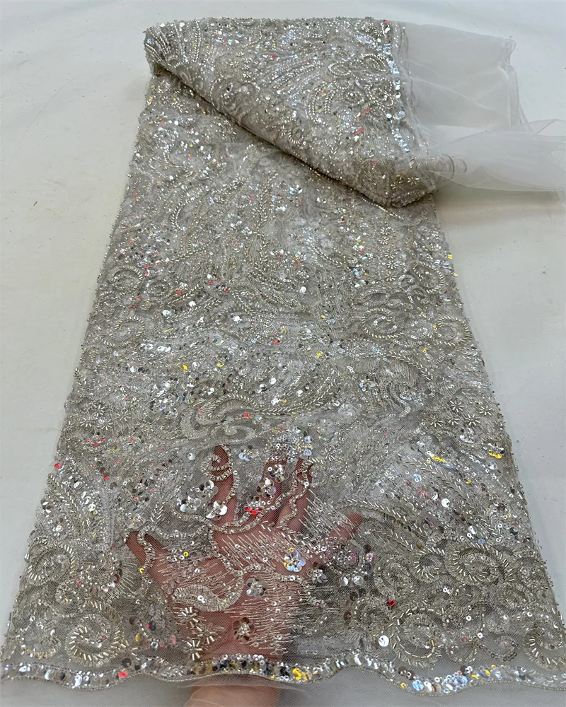 

2023 Latest Nigerian Sequins Lace Fabric Hand Beaded Lace Fabric Luxury French 3D Flower Embroidery Lace Fabric Wedding