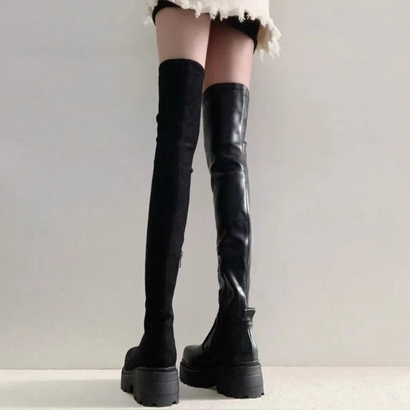 2024 Black Long Boots For Women Fashion Zippers Square High Heel Over the Knee High Boots Winter Shoes Ladies
