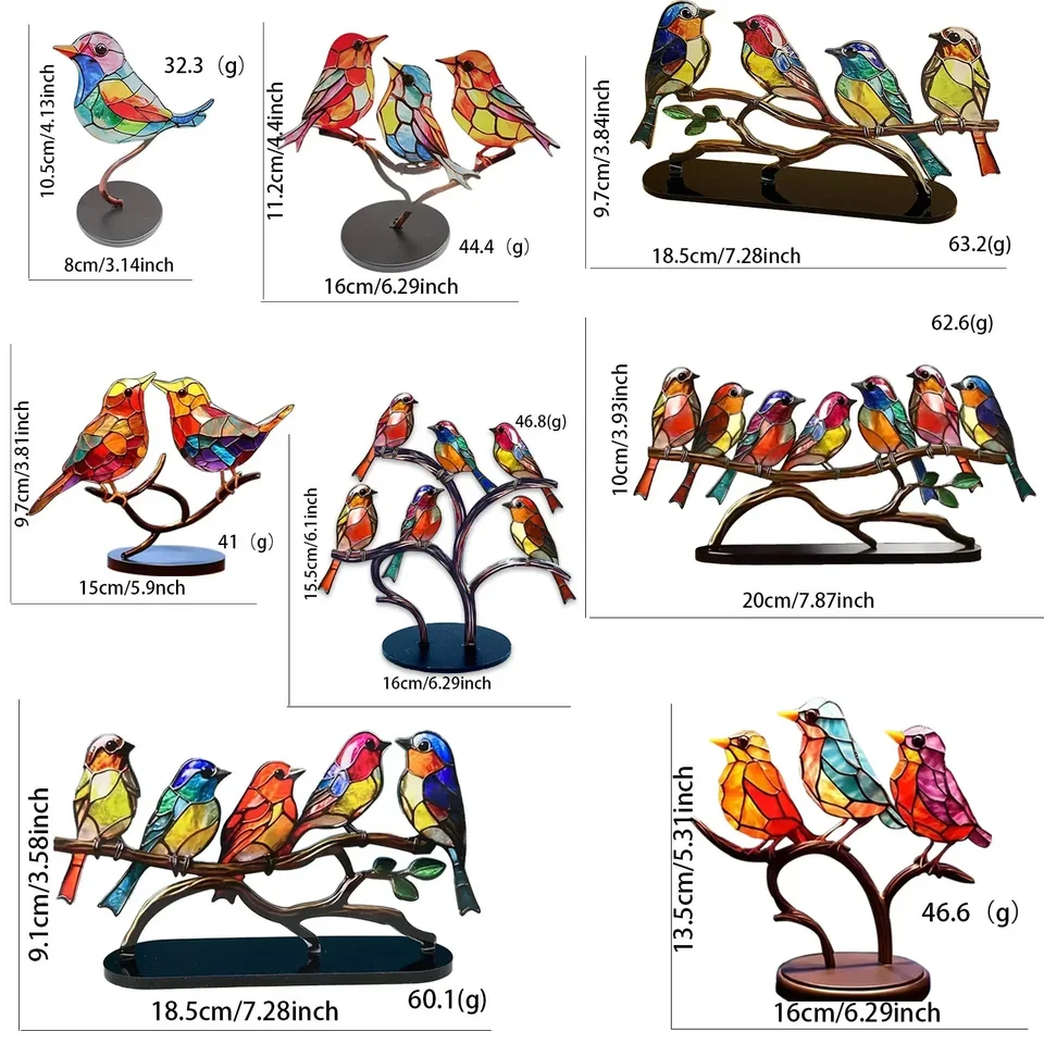 Gebrandschilderd Glas Vogel op Tak Desktop Ornament Ijzermateriaal Uniek Handwerk, Charmante Tinten en Licht, Ideaal voor (5 vogels