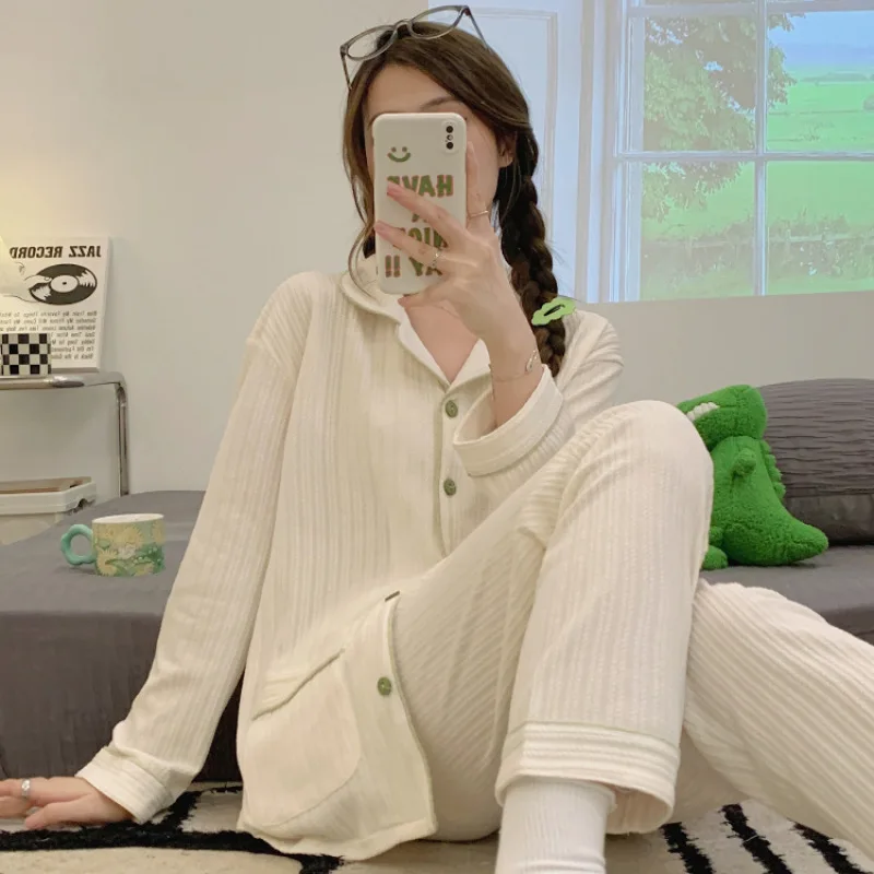Women 2 Pieces Pajamas Sets 100% Cotton Pijama Female Pyjama Sleepwear Long Sleeve Shirt Pants Suit Homewear Loungewear