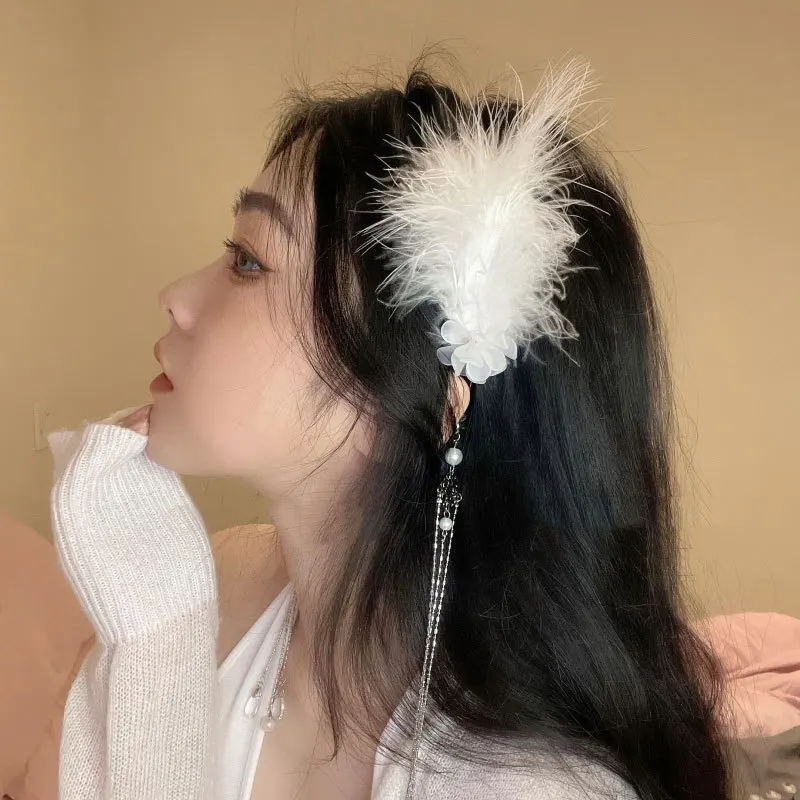 AWAYTR White Feather Tassel Headbands Women Luxury Temperament Hair Band Hair Accessories Bride Wedding Hairband