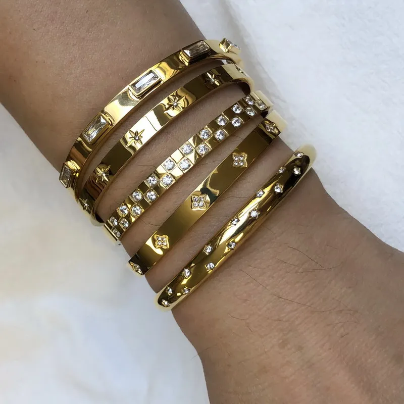 Waterproof Luxury Colorful Cubic Zirconia Bangles Stainless Steel Open Bracelet Bangle 18k Plated Fashion Jewelry Women bangle bracelet stainless steel bracelet crystal bracelets zircon bracelet zirconia bangle
