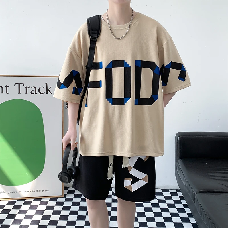 Summer Men's Crew Neck Pullover Letter Printed Short Sleeve Elastic High Waisted Bandage Pockets Casual Sports Office Lady Set