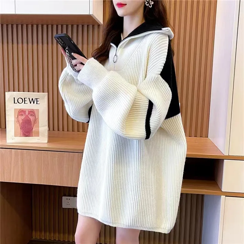 

Hsa 2023 New Casual Lapel Zippers Knitted Pullovers Basic Women Fall Winter Knitwear Long Sleeve Loose Female Turtleneck Sweater
