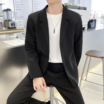 남성용 라펠 투 버튼 블레이저, 비즈니스 캐주얼 정장, 남성 브랜드 의류 코트, 그레이 커피 살구, 단색, 가을, 신상 패션