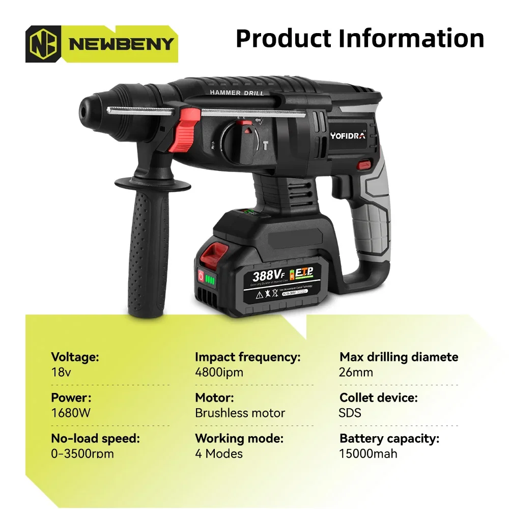 26mm Brushless Electric Hammer Cordless Rechargeable Multifunction Electric Rotary Impact Drill  Tool For Makita 18V Battery 3