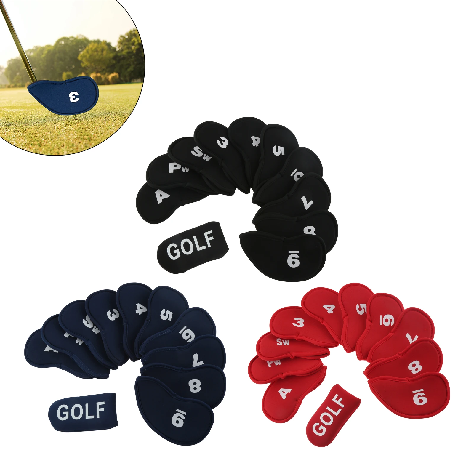 

10Pcs/Set Golf Iron Headcovers With Putter Cover Neoprene 15x8cm Red/Blue/Black for Iron Golf Club Head Golf Practice Supplies