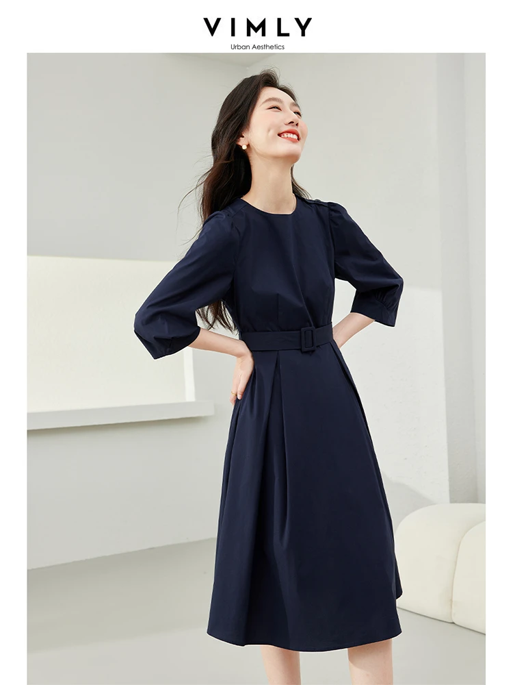 

Vimly Cotton Simple Three Quarter Sleeve Dress Woman 2024 Spring Round Neck Puff Sleeves Belt Waisted Loose A-line Dresses M6193