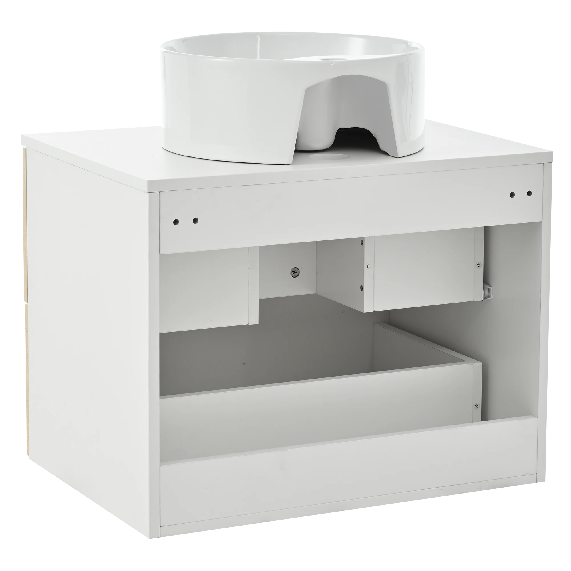 60 cm großer wandmontierter Badezimmerschrank mit rundem Keramikwaschbecken, Holzoptik-Schubladenfronten und 2 Schubladen für viel Stauraum. – Detail 9
