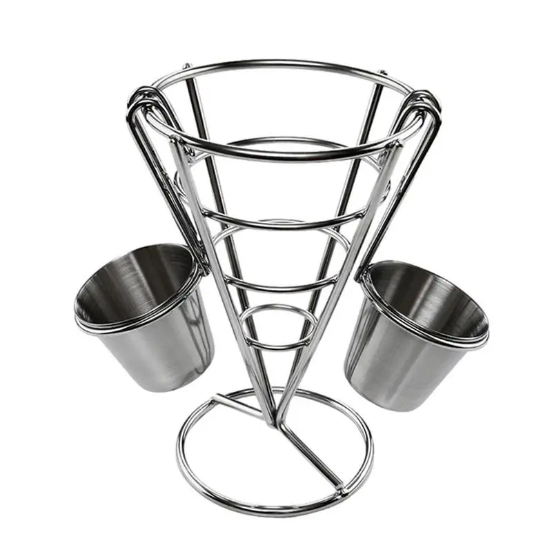 

French Fries Stand Cone Basket Stainless Steel French Fry Stand holder Basket Fry Holder With Sauce Cup Kitchen Party Supplies