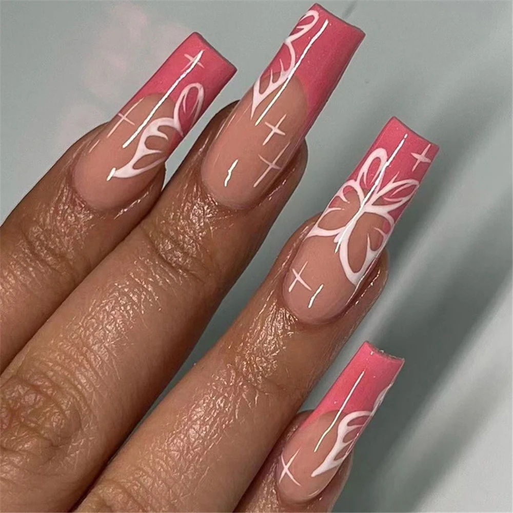 24pcs Box French Pink False Nails With Butterfly Design Coffin Fake Nail Patches Press On Nails Long Ballerina Manicure Nail Aliexpress