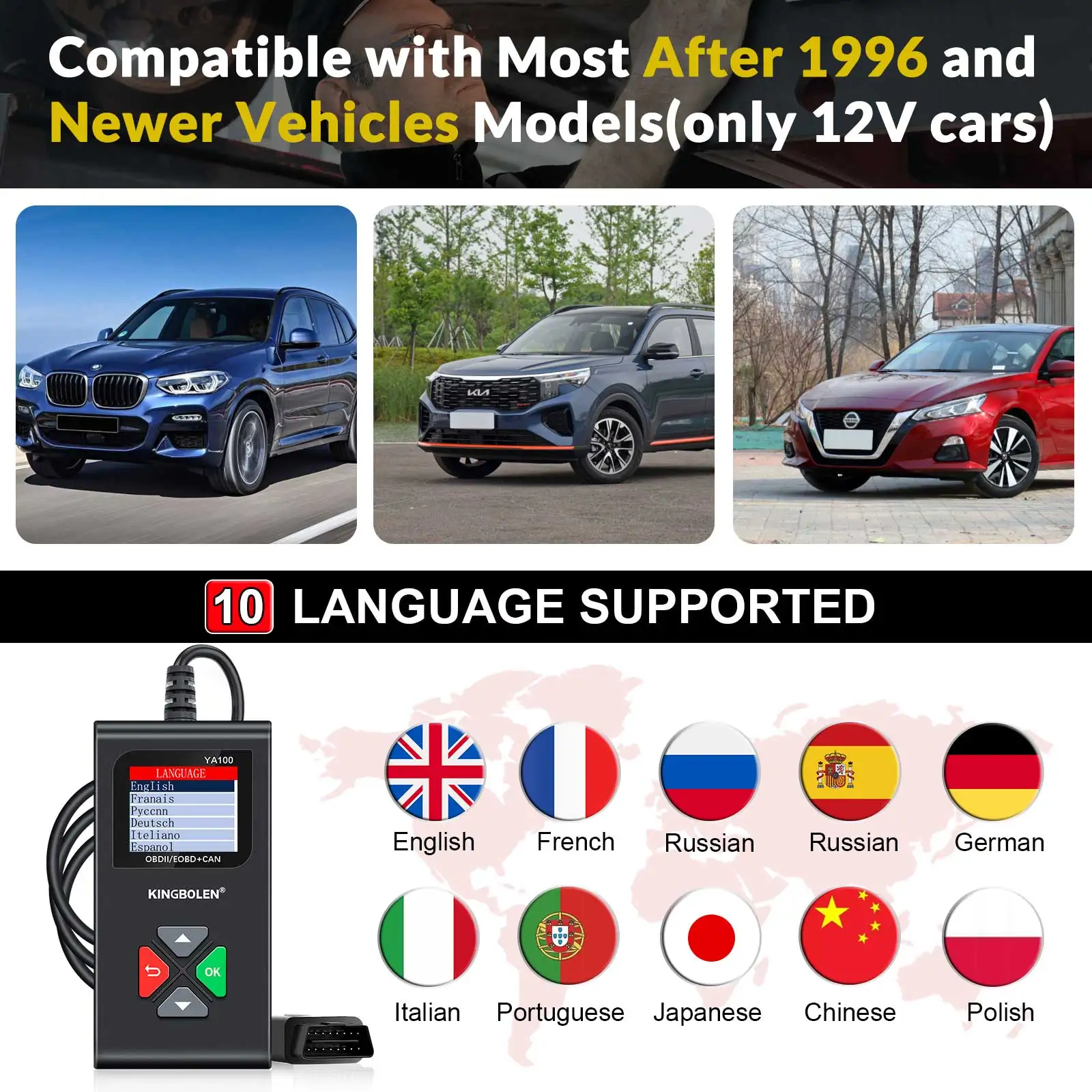 핫 세일링 KINGBOLEN YA100 OBD2 스캐너 풀 OBD2/EOBD2 기능 자동차 배터리 테스트 엔진 체크 진단 도구