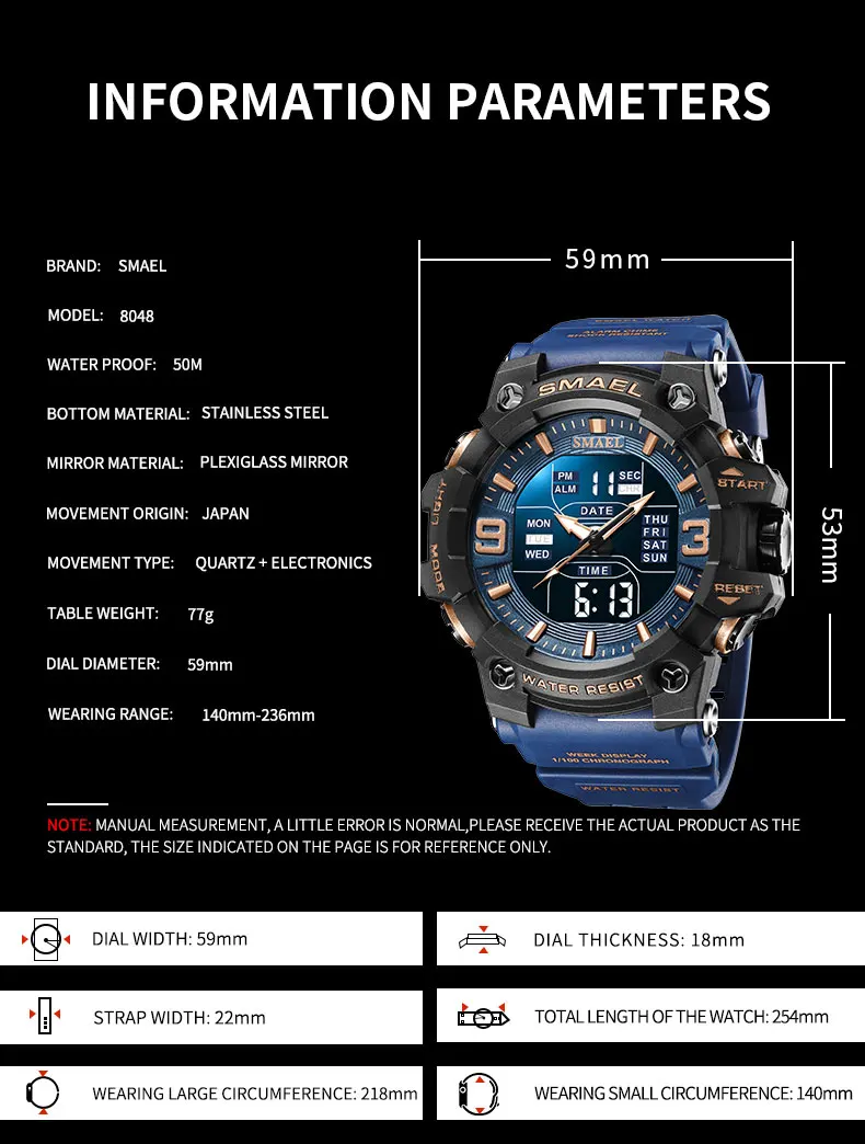 SMAEL 8049 TOP Luxury Watches Men Dual Display Watch 50M Waterproof Sport Wristwatch Mens Military Clock Male Relogio Masculino