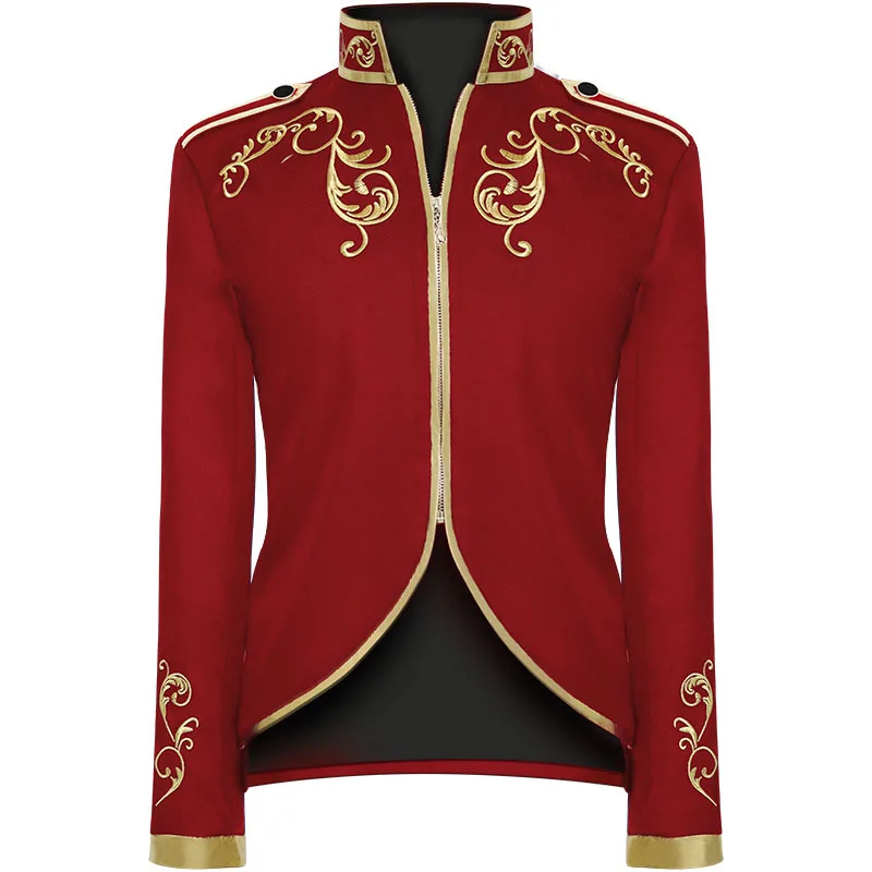 

Medieval Victoria European Court King Cosplay Costume Coat Men Carnival Party Knight Golden Embroidery Stand Collar Top Jacket