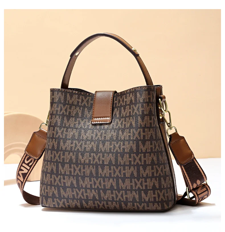 2023 High Quality PU Leather Women's Handbags Fashion Letter Bucket Bags  Brand Designer Wide Strap