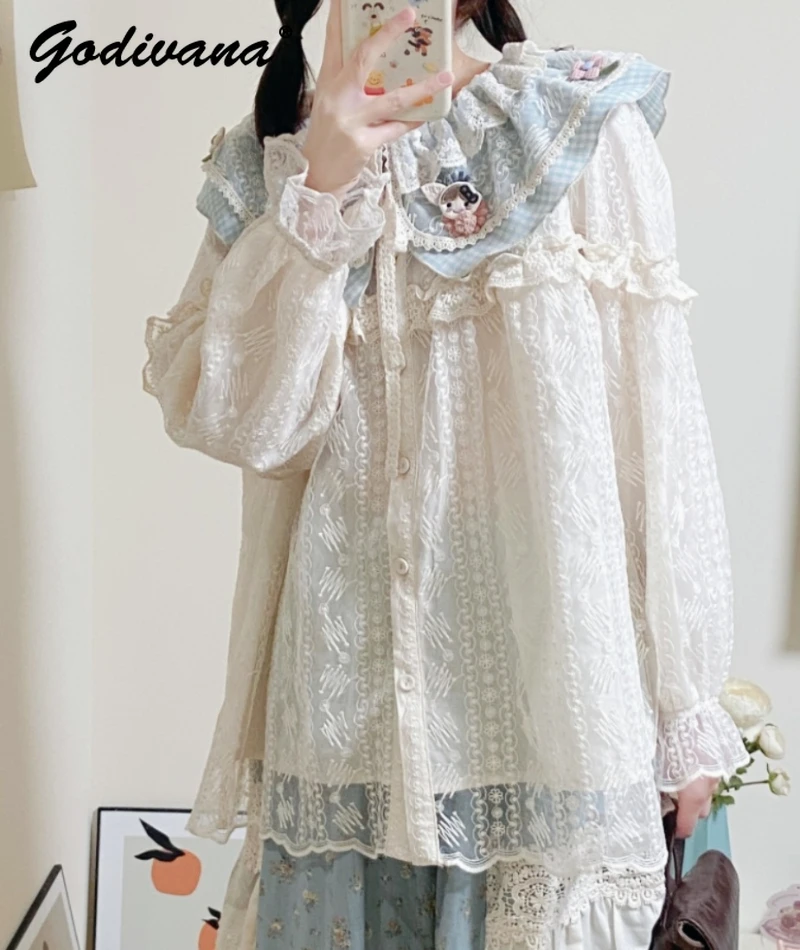 

Рубашка женская двухслойная в клетку, милая кружевная блузка с оборками и большими лацканами, в японском стиле, голубая, на весну
