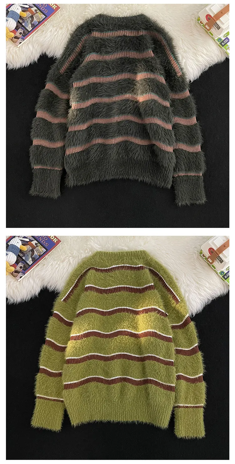 Description Picture 6 of item2024 Autumn Winter Men Fashion Warm Sweater Loose Tops Male Long Sleeve Striped Jumpers Mens Round Neck Knit Oversized Top S275