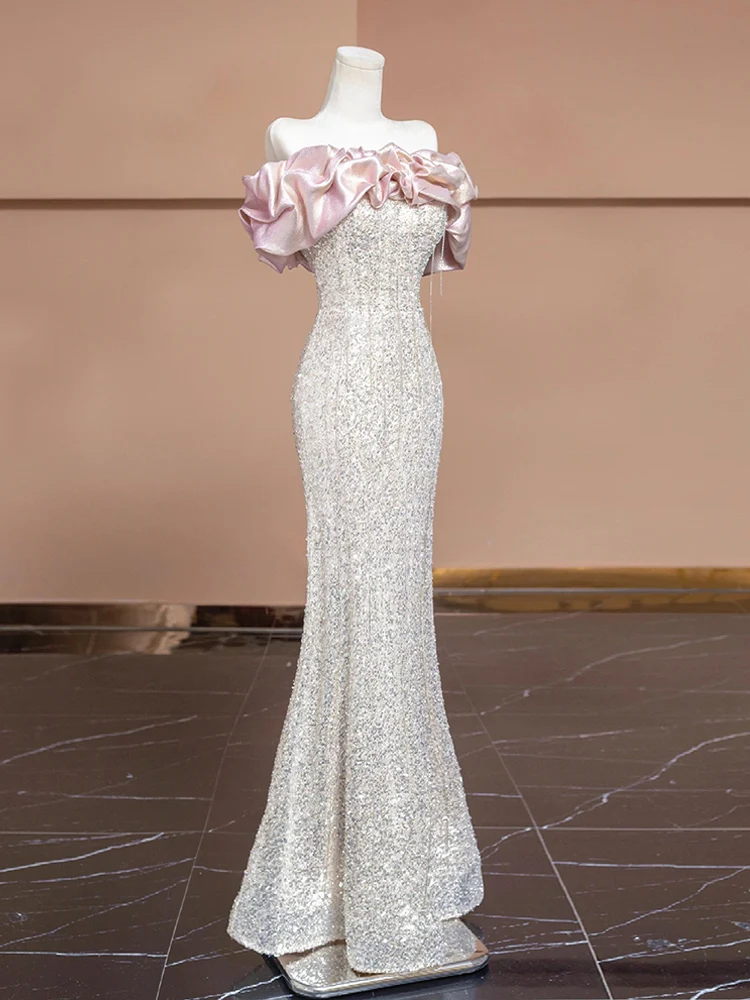 فستان سهرة أنيق بكتف واحد وذيل السمكة لحفلات الزفا...