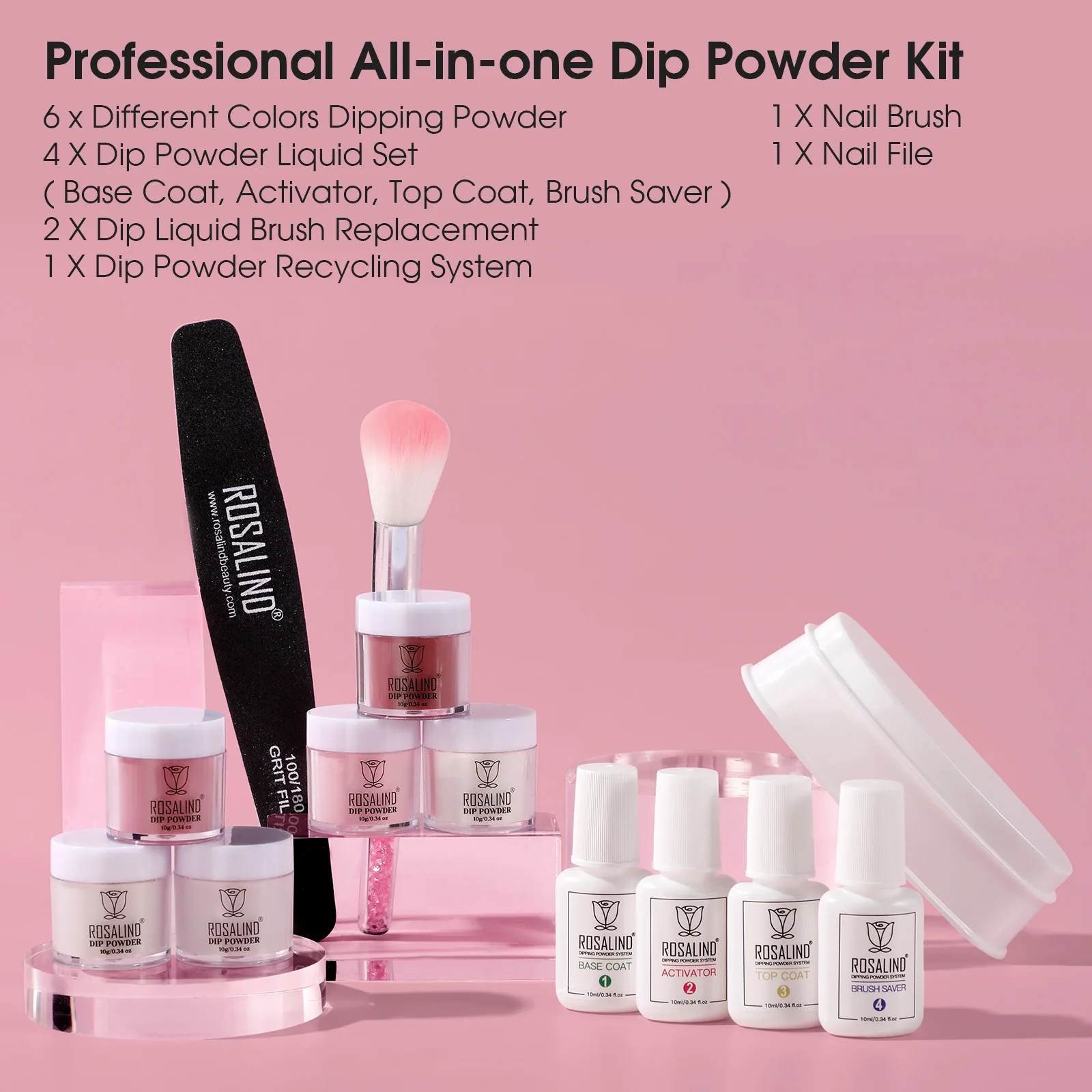 ROSALIND 13PCS Dip Nails Powder Starter Kit,6 Colors Dip Powder Nail Clear Nude Pink Series Colors Set with Base&Top