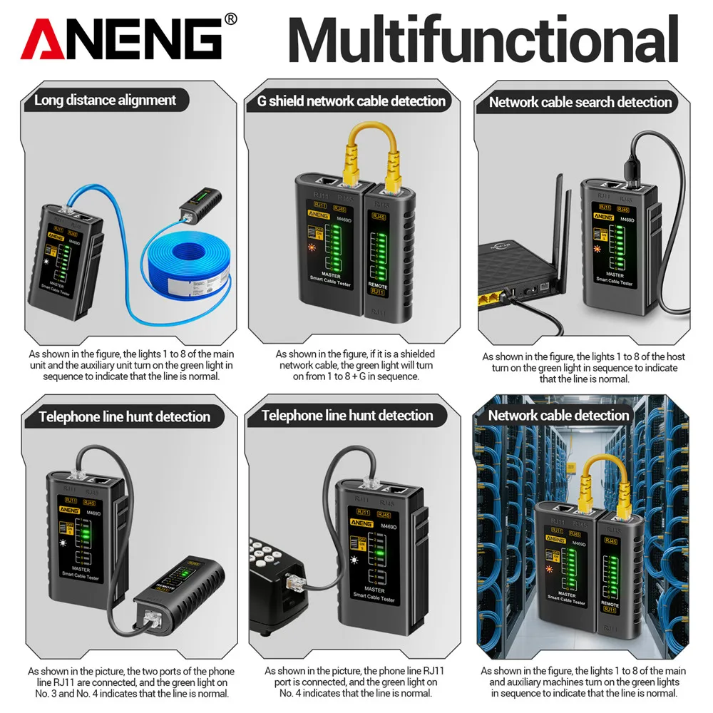 Network Cable Tester ANENG M469D Cable lan tester Network Cable Tester RJ45 RJ11 RJ12 CAT5 UTP LAN Tester Networking Tool network Repair