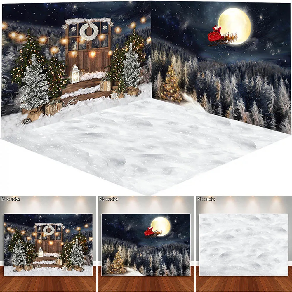 

Christmas Photography Backdrops Painting Pine Background Barn Door Santa Moon Night Photoshoot Portrait Photo Props Studio Booth
