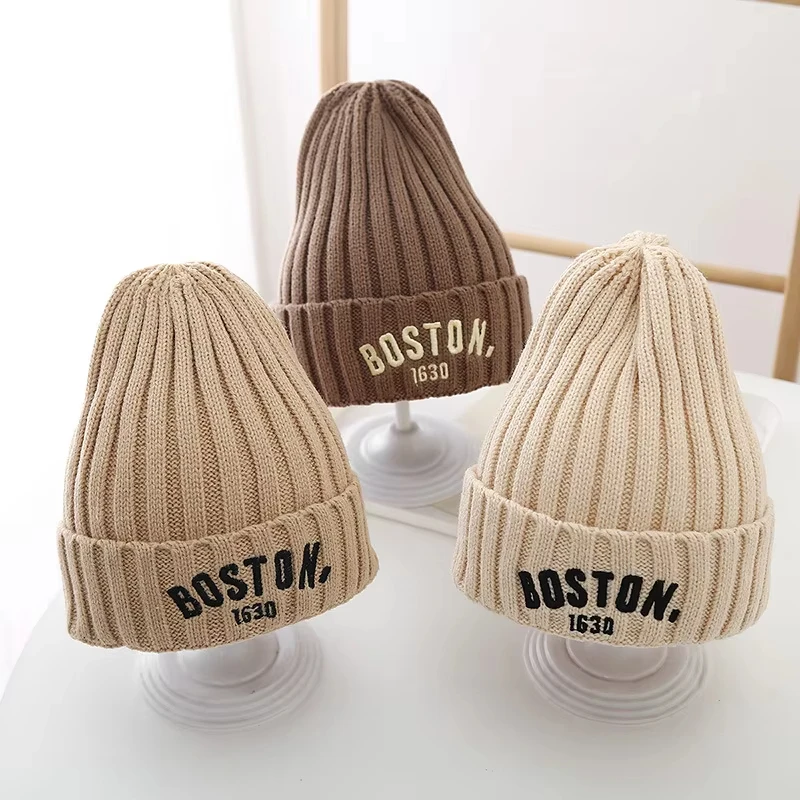 Baby Knit Hat Beanie Cap Winter Warm for Girls Boys Vintage Embroidered BOSTON Toddler Kids Crochet