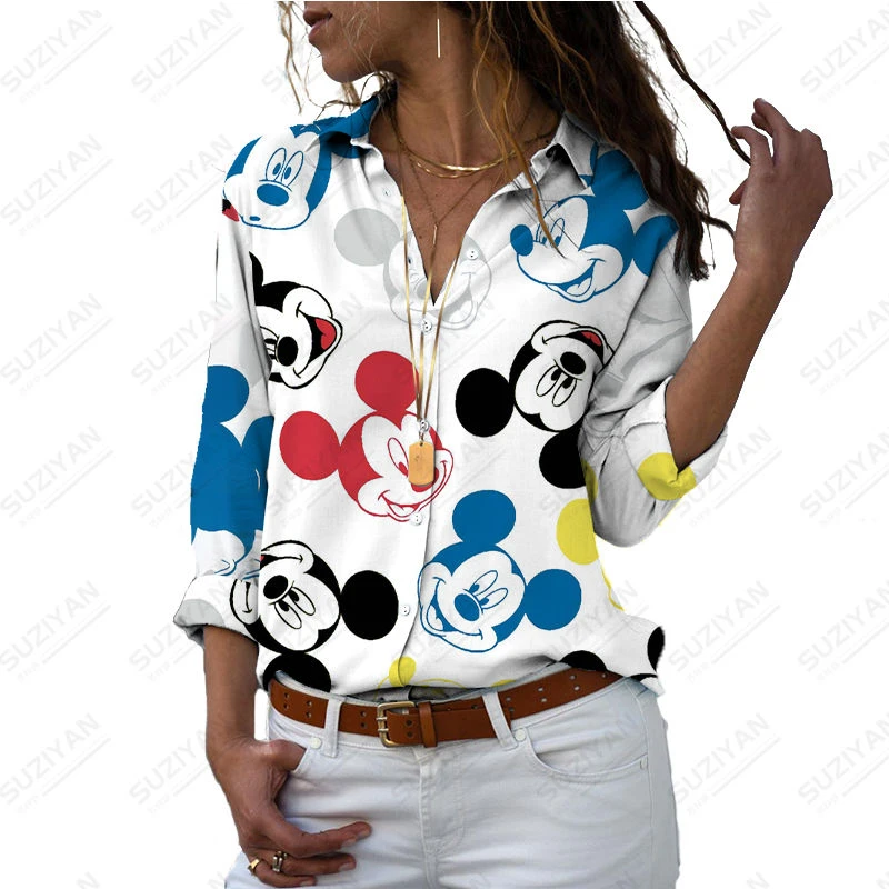 

2023 New Loose Harajuku Women's Button Top Long Sleeve V-Neck Shirt Elegant Disney Floral Print Cute Fashion Top Oversized