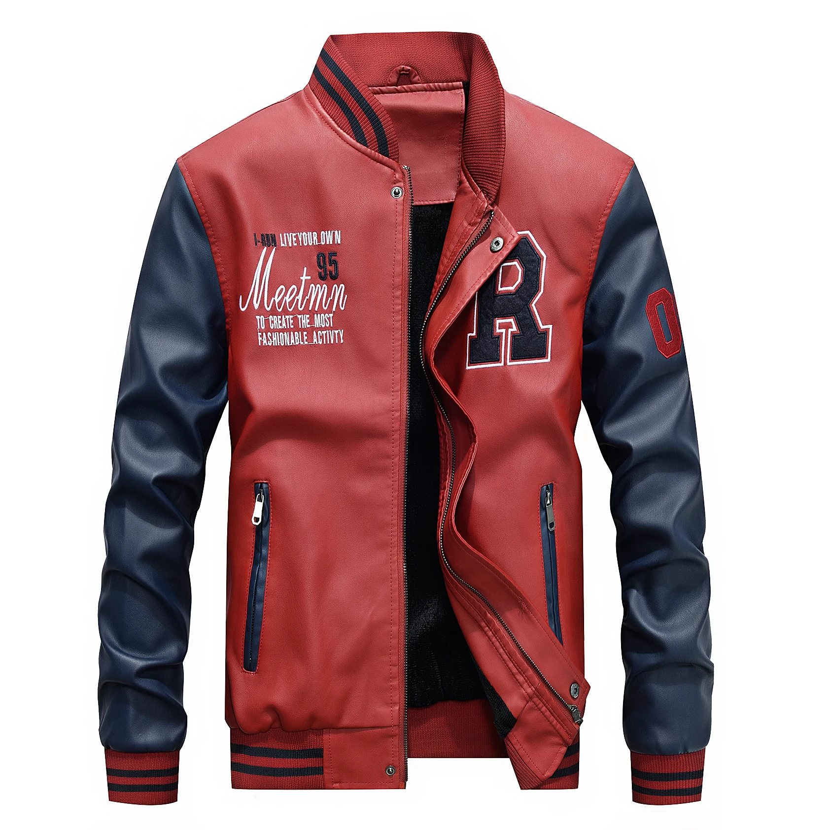 Men Embroidery Baseball Jackets Pu Leather Coats Slim Fit College Fleece Pilot Leather Jackets