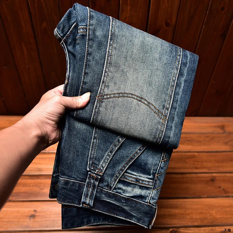 High-End Fashion Brand Men'S Jeans Blue Slim Stretch Embroidery Motorcycle Stitching Fashion Men'S Casual Straight Leg Jeans 2