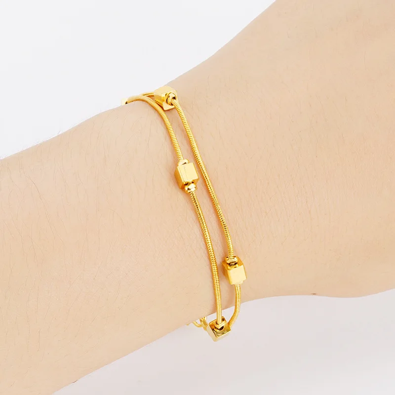 Lucky 24K Gold Plated Charm Big& Small Beads Bracelet For Women Girls Fashion Pure Gold Color Ball Link Chain Bracelet Jewelry 6