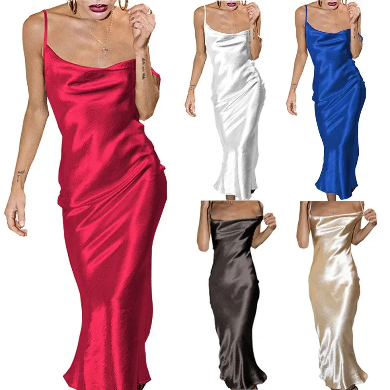 Summer Hot Sale Of The Season Street Style Pure Color Satin Halter Fish Tail One-Step Skirt Dress Women's Full Sleeve One-Should