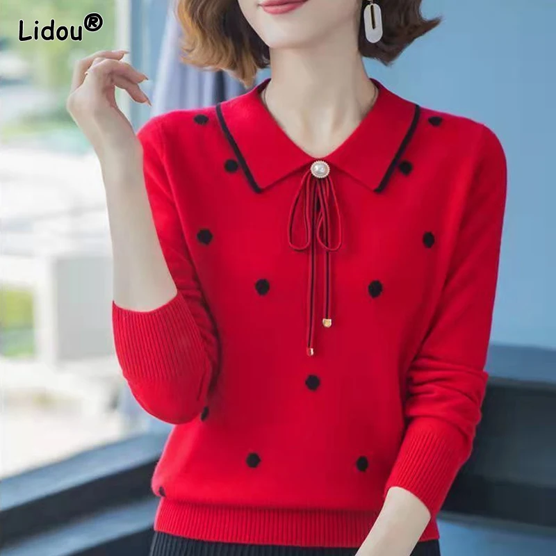 

Pullovers Dot Pattern Women's Clothing Turn-down Collar T-Shirts Loose Tops Patchwork Creative Bow Tie Spring Autumn Simplicity