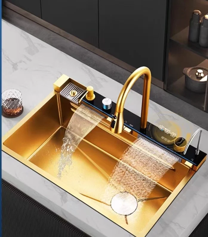 Kitchen Digital Display Waterfall Sink Nanohoneycomb Stainless Steel Single Sink Dishwasher Multifunctional