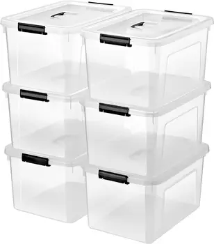 JUJIAJIA 19 Quart Plastic Storage Bins with Lids, 6-Pack Stackable Clear Storage Organizing Box with Handle 1