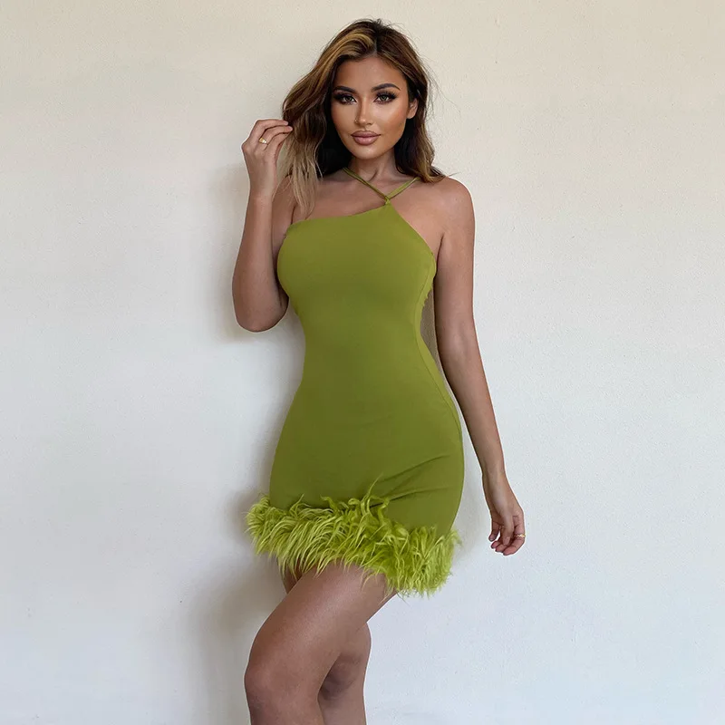 

Halter Asymmetrical Neck Fuzzy Trim Faux Fur Hem Mini Bodycon Dress Women Summer Sundress Sexy Night Club Party Dresses 2023 New