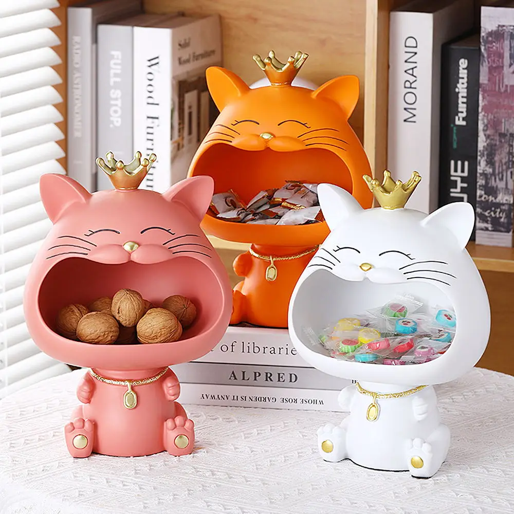 

Lucky Cat Statue Sculpture Table Decoration Crown Big Mouth Cat Sculpture Sundries Storage Box Living Room Desk Home Decor