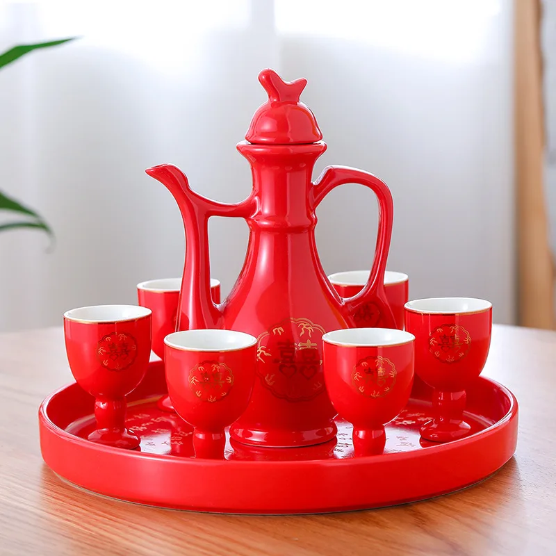 

Wholesale Wedding Ceramic Red Wine Pot Set Toasting Cup Chinese Wedding Cross-Cupped Wine Small Size Wedding Cup Belt