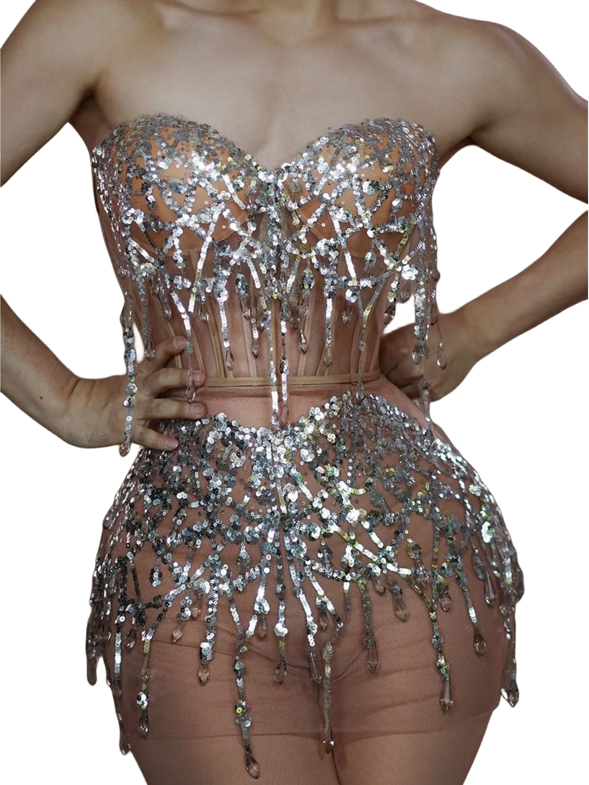Sleeveless Sexy Mesh Sheer Sequin Shinning Dress For Women Dancer Stage Costume Night ClubWear Pole Jazz Queen Drag Queen Outfit