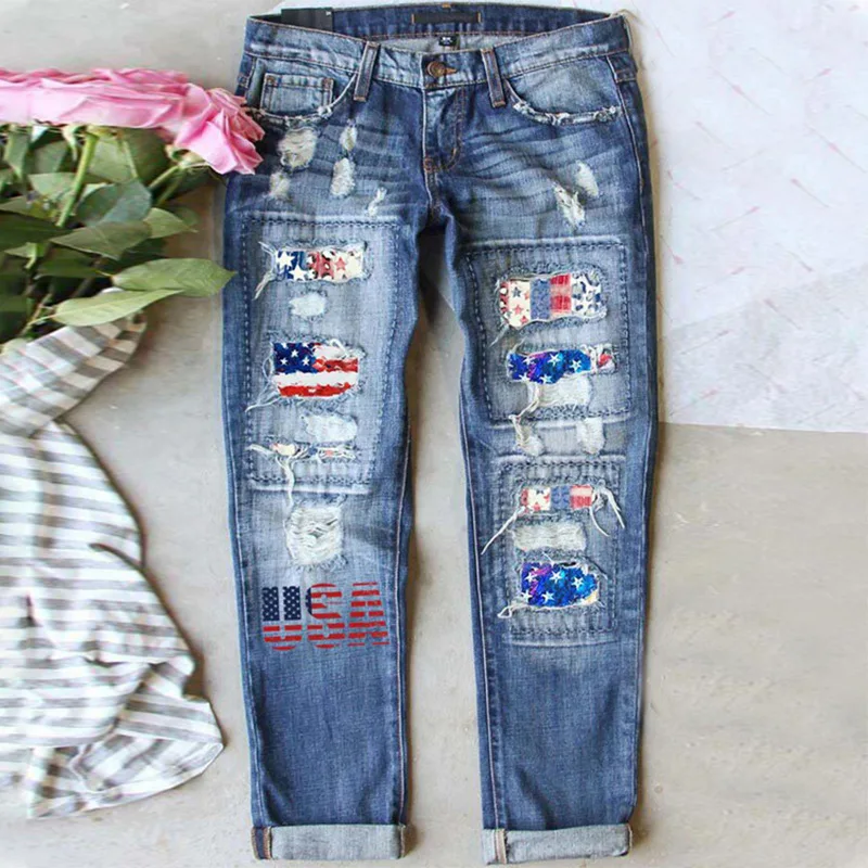 

Summer 2022 New July 4th Independence Day Flag Men Boy Women Ripped Cuffs Straight Jeans Girl Maid Blue Ninth Pants Pencil Pants