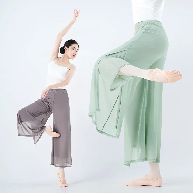 

Women's Classical Dance Pants Chinese Folk Practice Dance Pants Elegant Adult Double-layer Mesh Splice Side Split Trousers