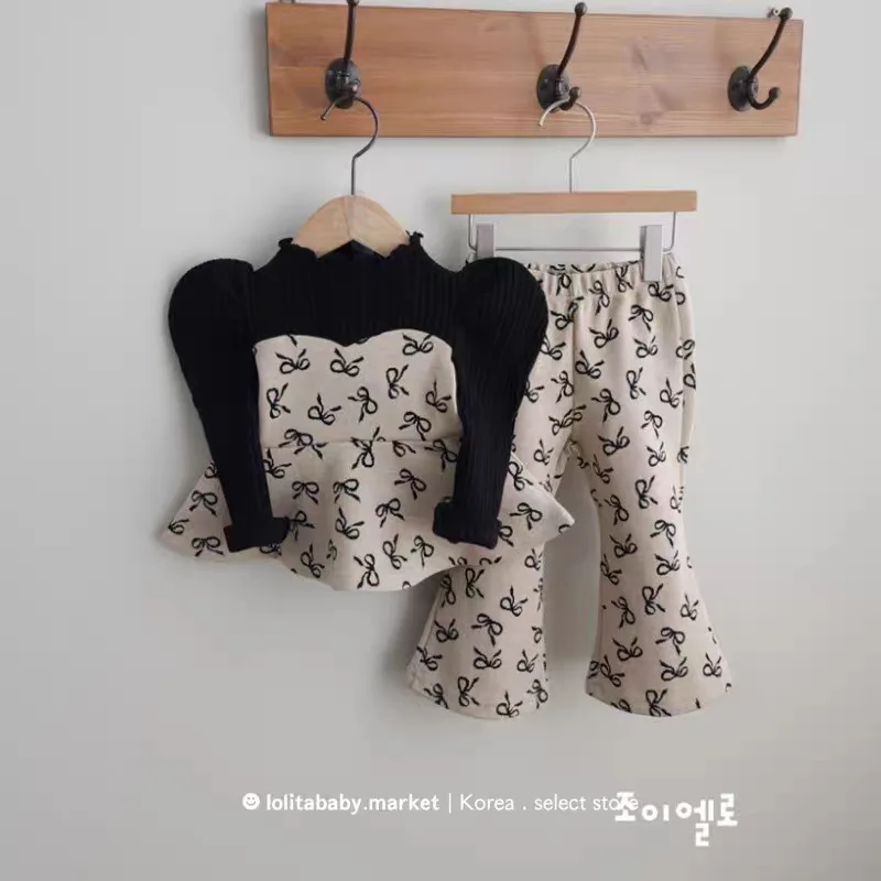 2025 가을 신상 아동 긴팔 옷 세트 여아용 달콤한 리본 프린트 셔츠 + 플레어 팬츠 2피스 세트 아동 캐주얼 의상