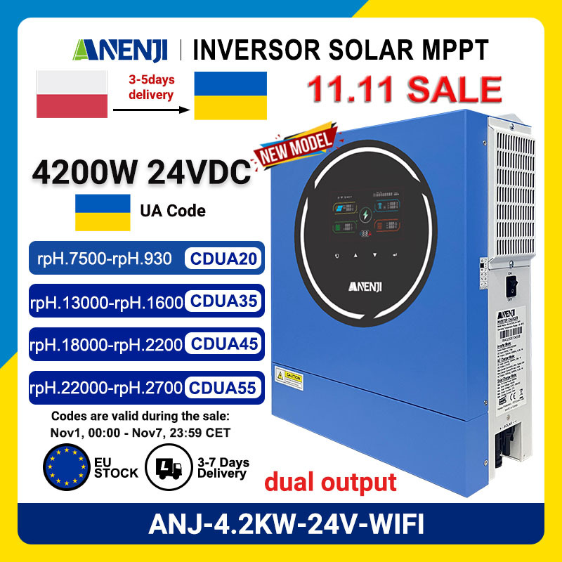 ANENJI New 4200W 24V Hybrid Solar Inverter MPPT Pure Sine Inverter 230VAC Maximum PV Power 5000W Dual output Solar Inverter