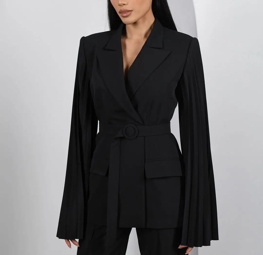 Elegant Slim Women Suits Black Formal Full Sleeves Blazer Pants Peaked Lapel With Belt Plus Size Custom Made Mother Of The Bride