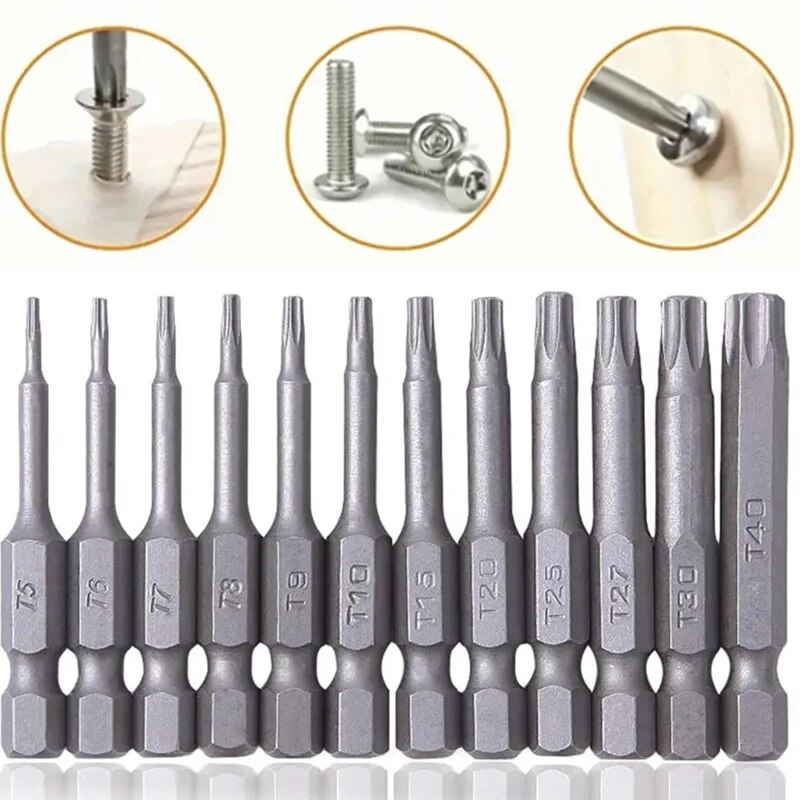  12pcs Torx Screwdriver Bit Set, Magnetic 1/4" Hex Shank,Tamper-Resistant Star Drill Bit Set, 2" Long Bit T5-T40(50mm) 