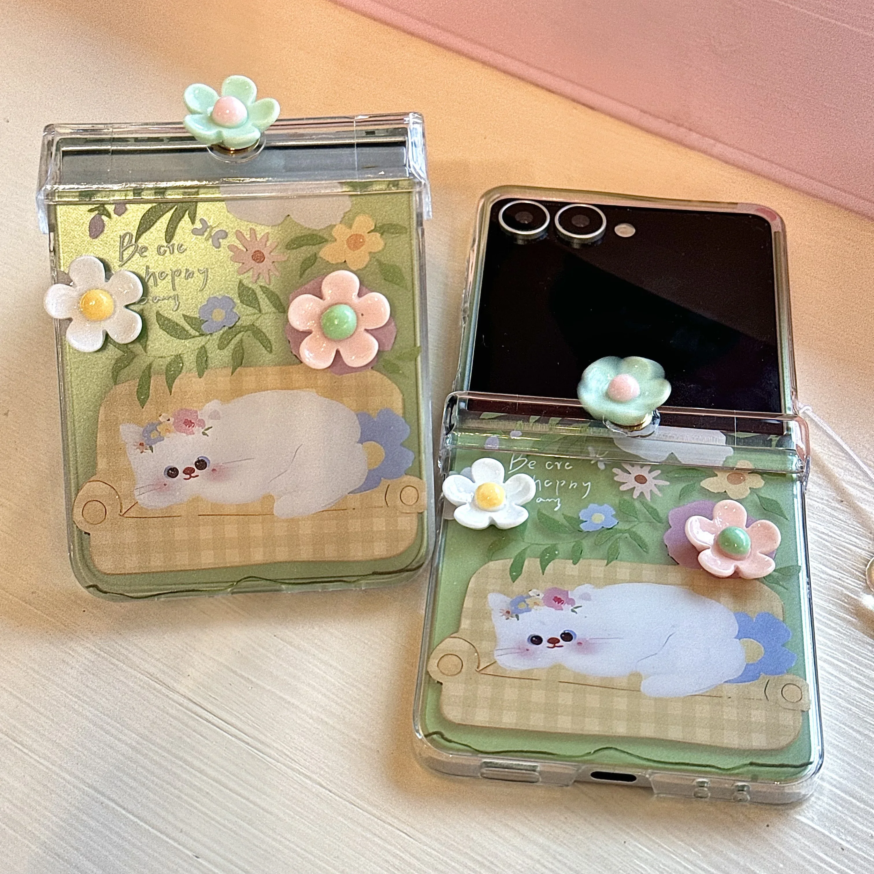 Hinge Protective Phone Case with 3D Flower & Cute Cat Star Wrist Strap