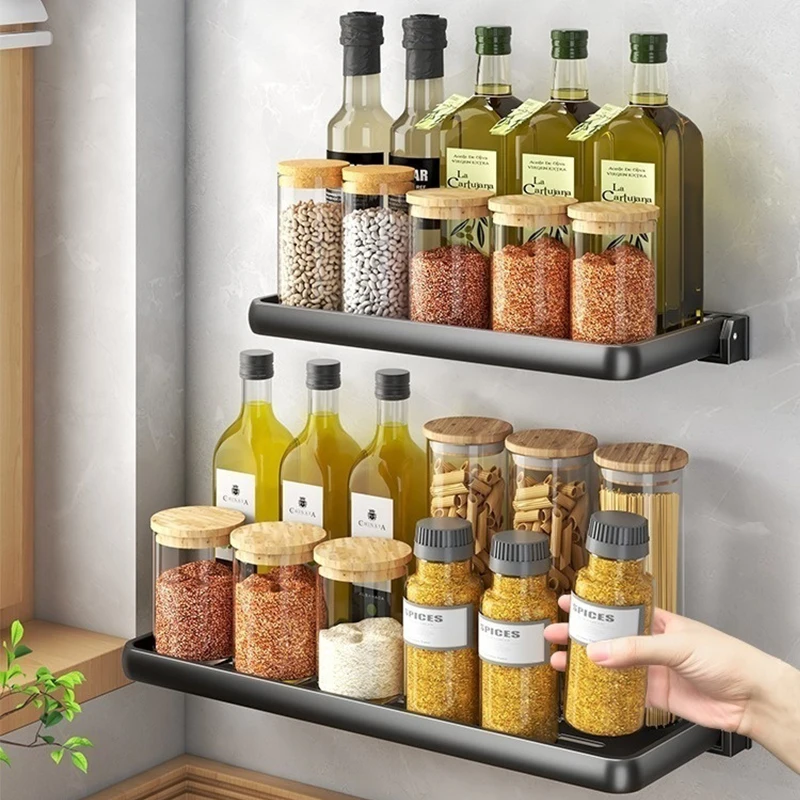 ชั้นวางเครื่องปรุงในครัวแบบพับได้, ติดผนัง, ไม่ต้องเจาะรู, ชั้นวางอเนกประสงค์สำหรับน้ำมัน, เกลือ, ซอส, น้ำส้มสายชู, เครื่องปรุงรส 1
