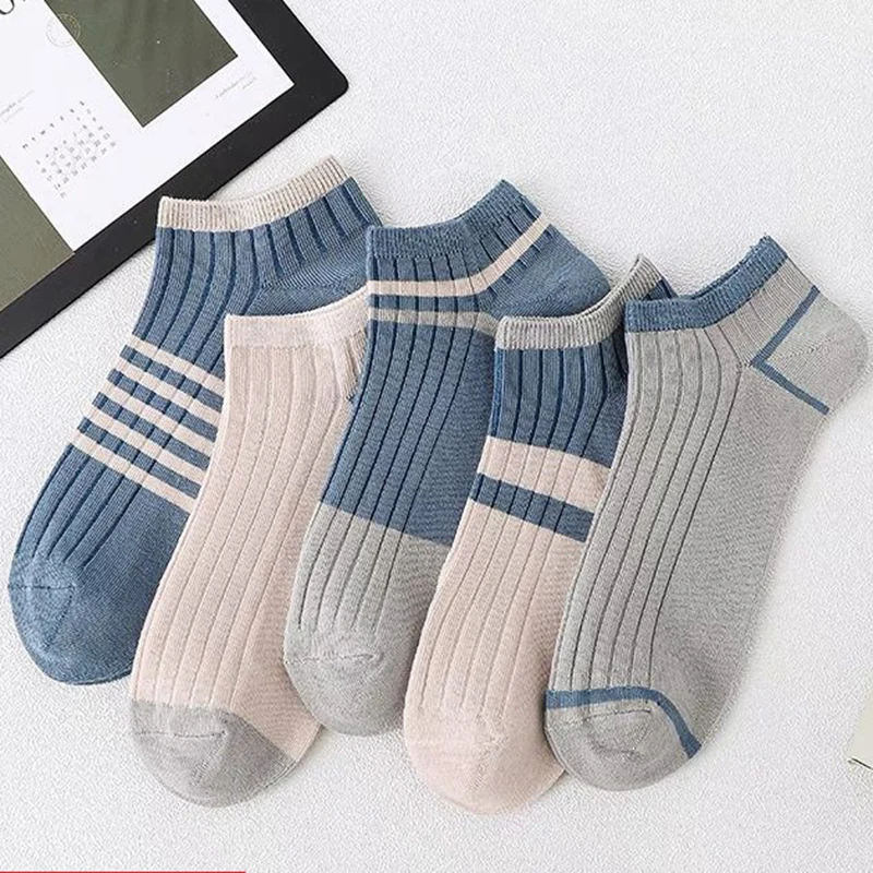 

5 Pairs/Lot Fashion Men Cotton Boat Socks Spring And Summer Breathable Sweat-absorbing Trend Striped Men's Socks Wholesal Meias