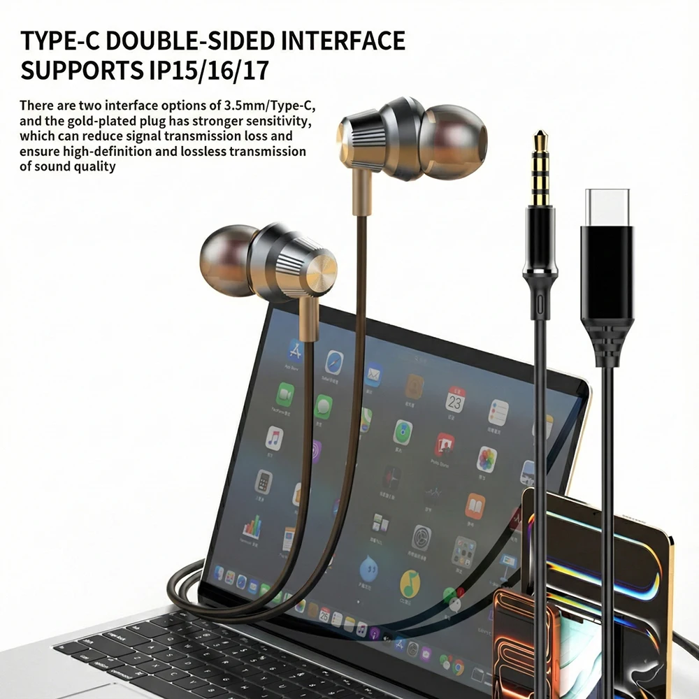 USB C Wired HiFi Stereo Earphones with Microphone and Volume Control